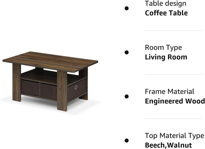 Furinno Andrey Coffee Table with Bin Drawer, Columbia Walnut