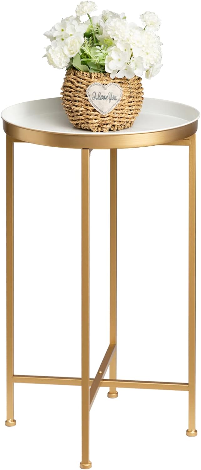 Gold Side Table, Metal Folding End Table White