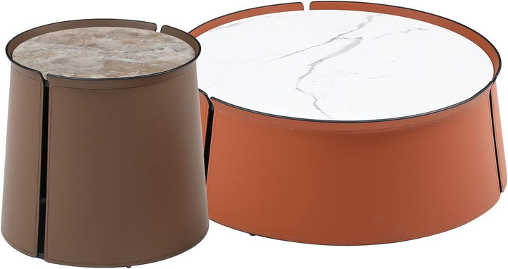 Set of 2 Modern Round Coffee Table and End Table, Faux Marble & Brown