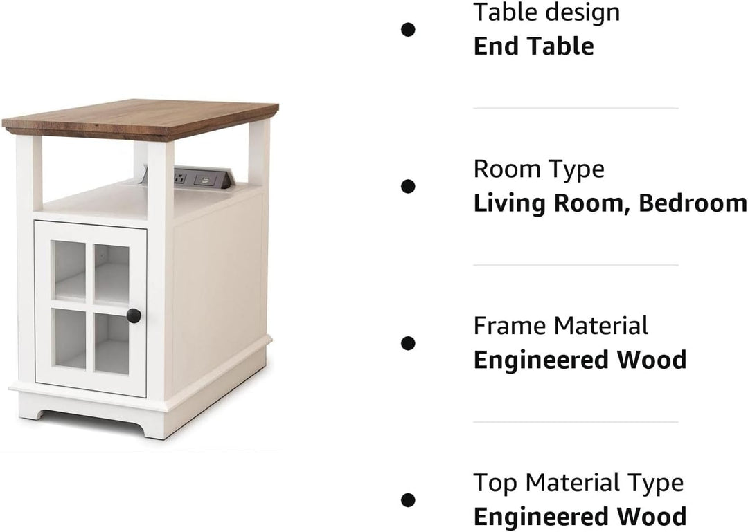 End Table White Storage Side Table Nightstand USB