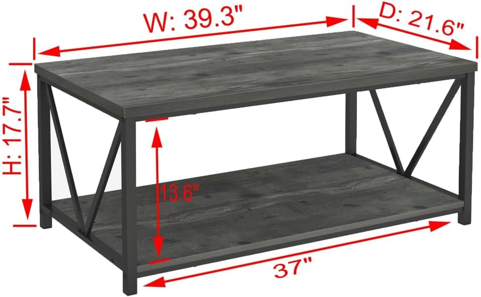 Coffee Table, Rustic Wood and Metal Center Table for Living Room, Grey