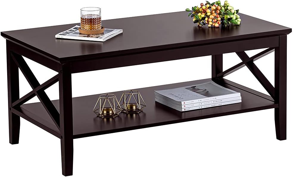 Espresso Wood Coffee Table with Storage, Thicker Legs