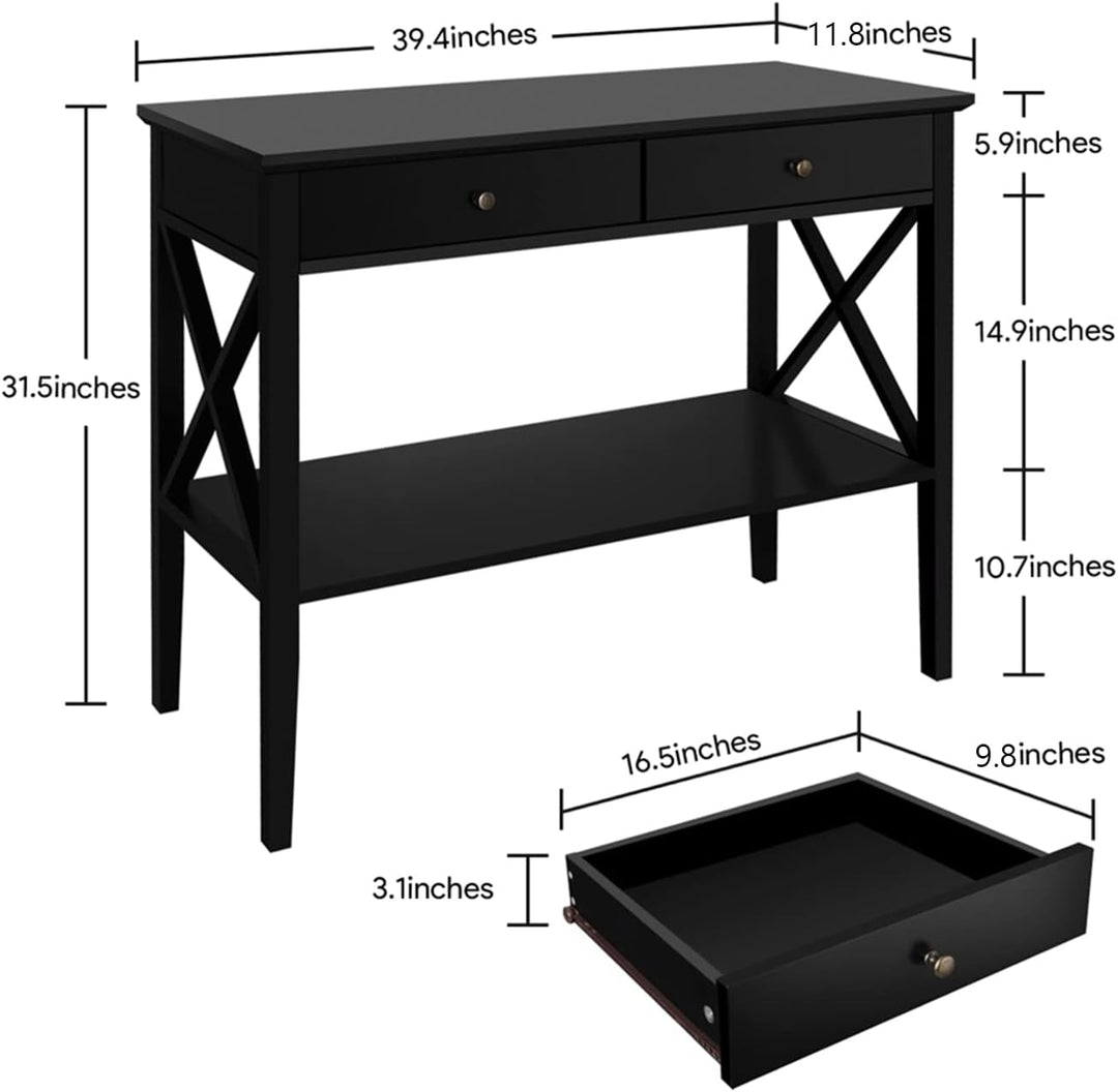 Console Table with Drawers, Narrow Wood Accent