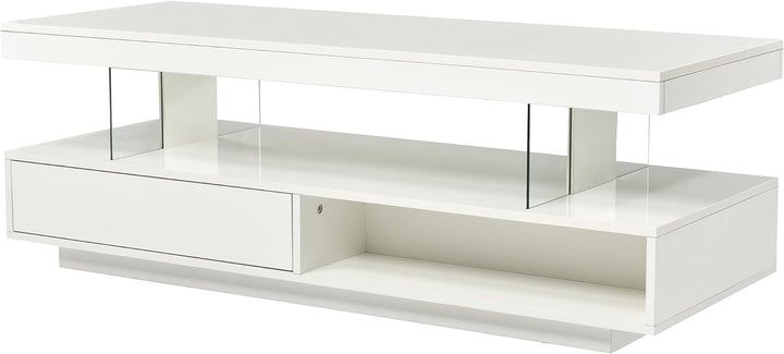 Polibi Modern LED Coffee Table with Storage, 2 Drawers, White