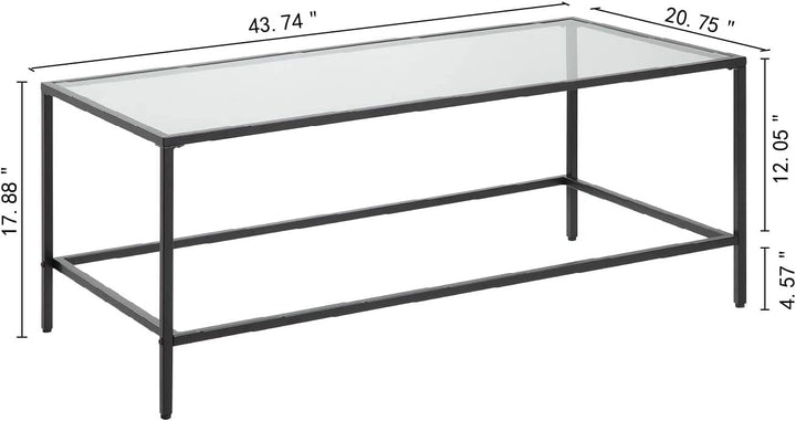 Black Coffee Table, Tempered Glass Wide Rectangle, Black