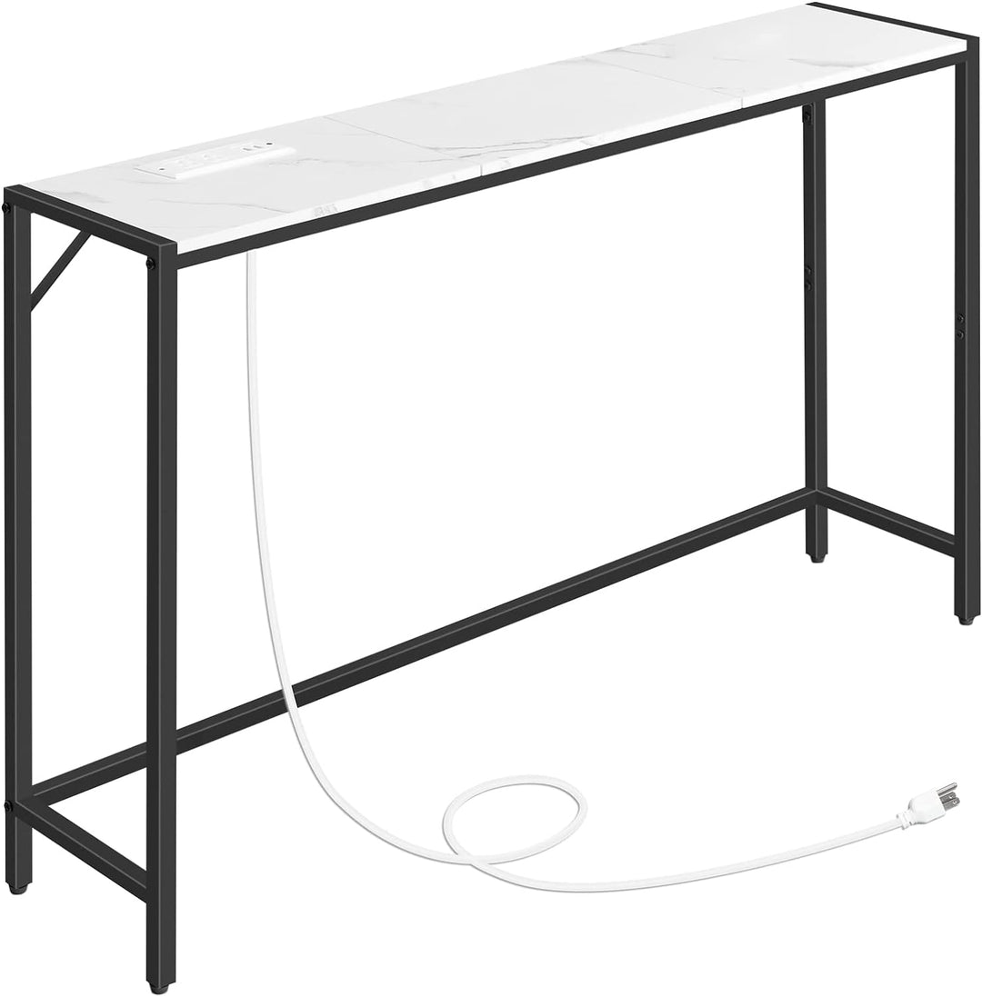 Console Table, Narrow Sofa Table, 43.3 Entrance Table with Power Station, Behind Couch Table, Simple Style, for Living Room, Hallway, Entryway, Foyer, Marble and Black CTHM112E01