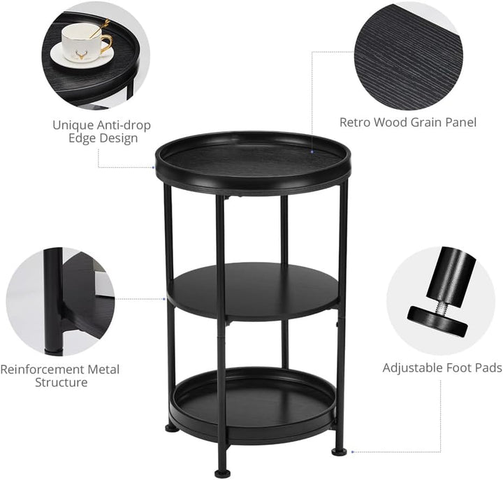 Side Table, 3 Shelves, Steel Frame, Black