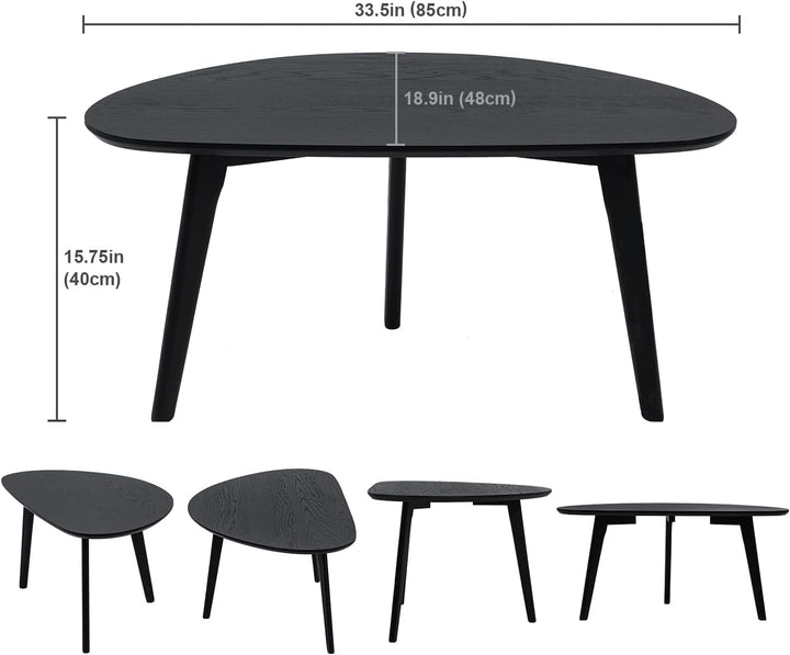 Small Black Oval Coffee Table for Small Spaces, Modern Center Table with Oak Wood Legs