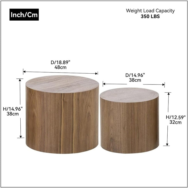 Wood Round Coffee Table Set of 2, Walnut Nesting Table Set