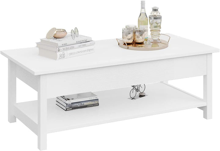 Lift Top Coffee Table with Hidden Compartment, Pop-Up Coffee Table, White