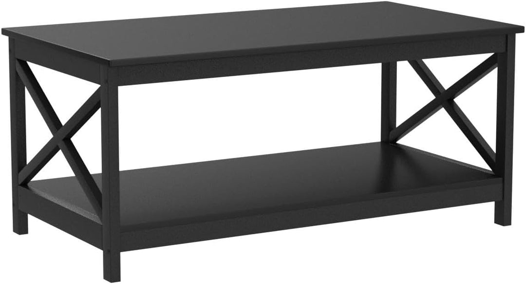 Stylish 2-Tier Wood Coffee Table, X-Shaped Accent Cocktail Table, Black