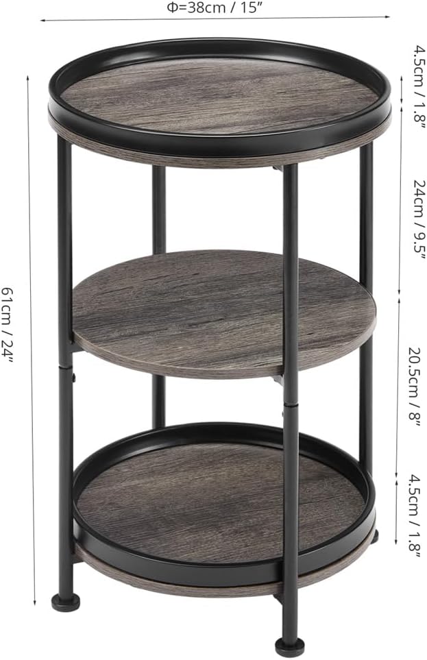 Side Table, 3 Shelves, Steel Frame, Grey