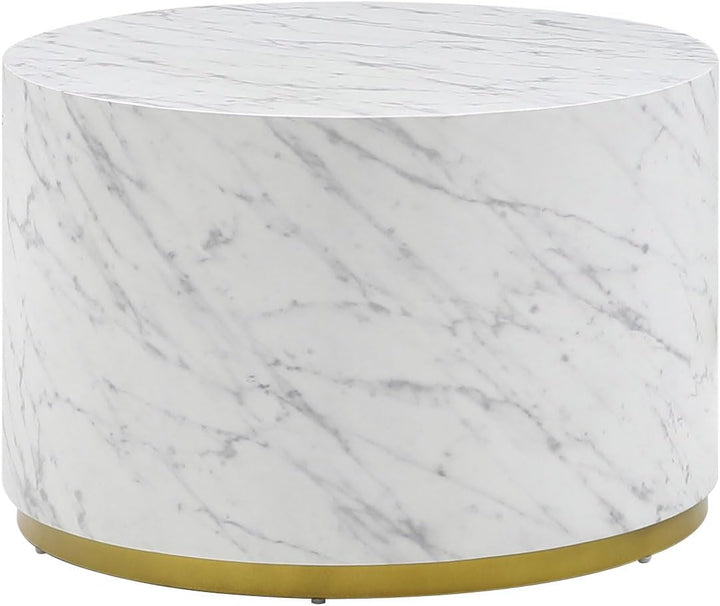 Modern Round Gold Drum Coffee Table, Circle Sofa Table, Marble White