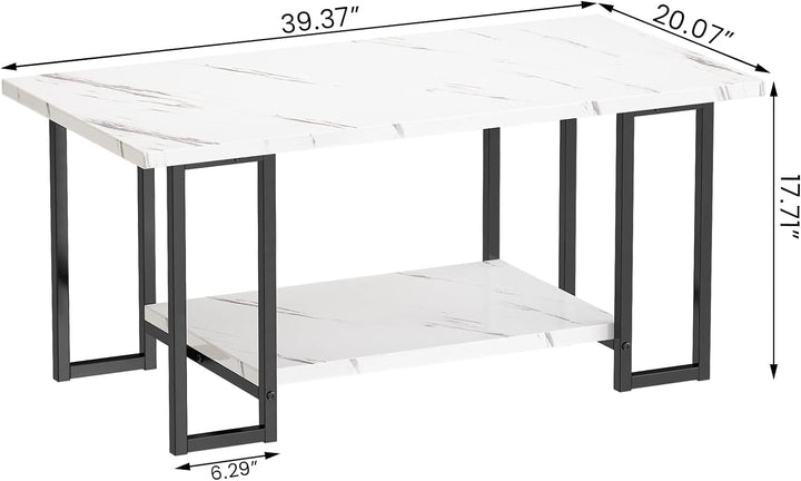 Faux Marble Coffee Table, Metal Frame, Storage Shelf, White Black