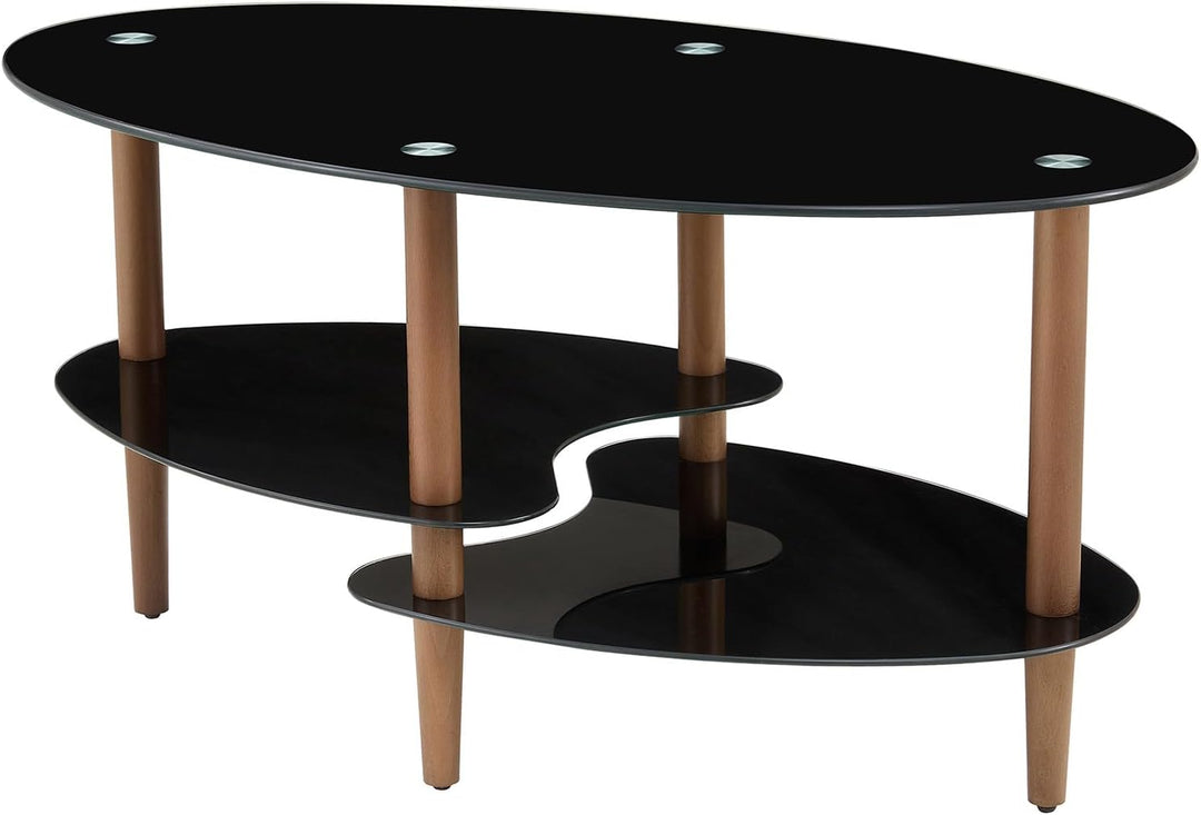 Modern Oval Glass Coffee Table with Oak Wood Legs, Black