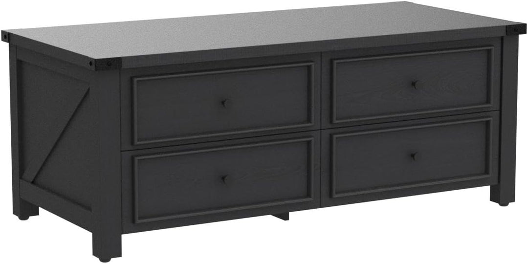 Farmhouse Coffee Table with Storage Drawers, Rustic Cocktail Table, Black