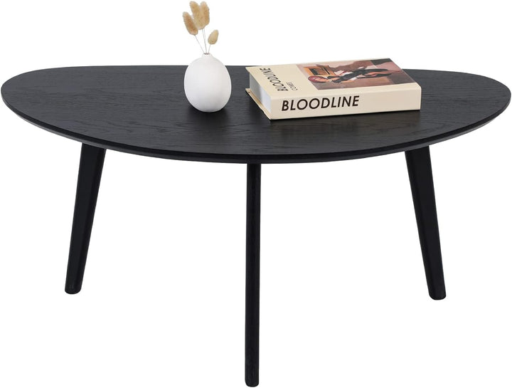 Small Black Oval Coffee Table for Small Spaces, Modern Center Table with Oak Wood Legs