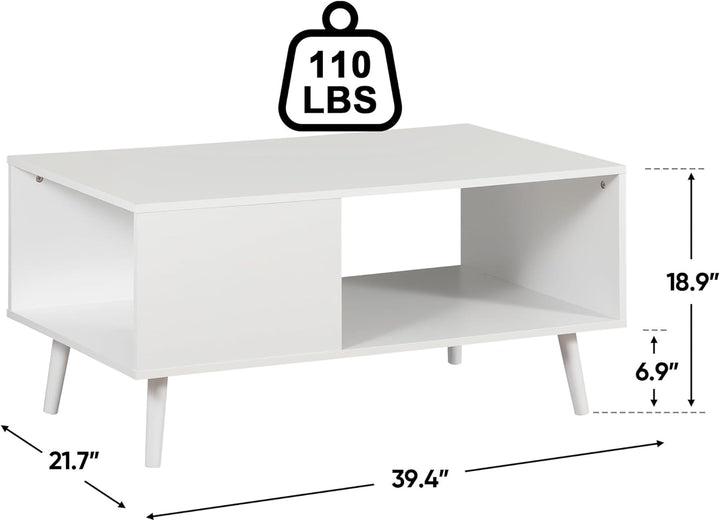 2 Tier Wooden Coffee Table with Open Storage Shelf, White