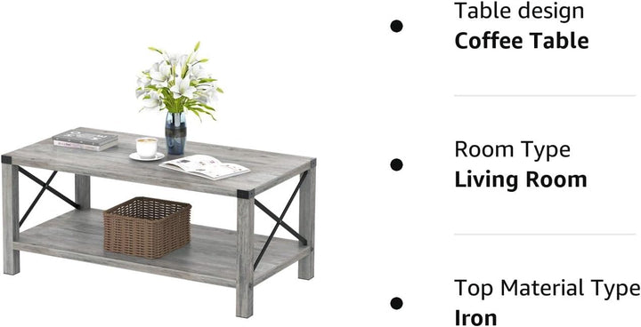 Farmhouse Coffee Table, 2-Tier Industrial Wood Look Grey