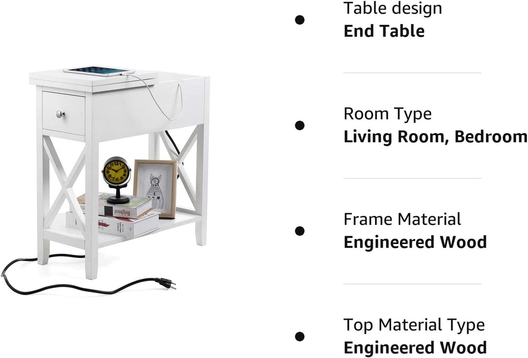 End Table with Charging Station, Narrow White