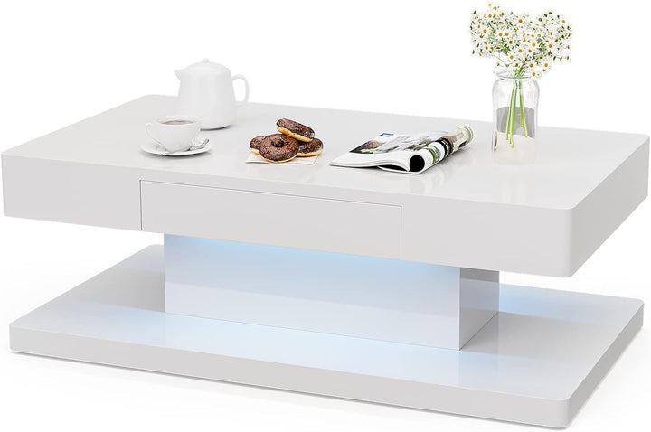 IKIFLY Modern LED Coffee Table, White High Glossy Rectangle