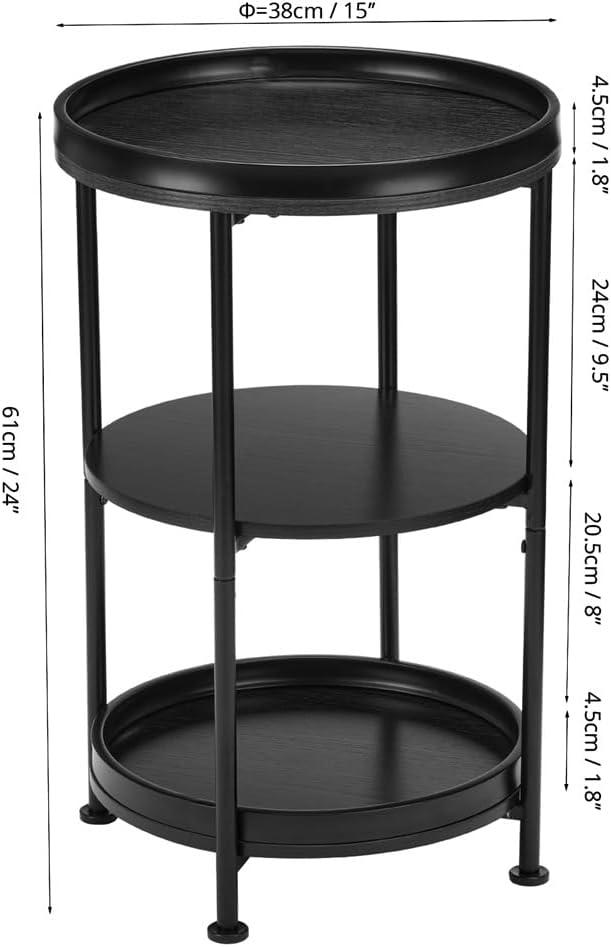 Side Table, 3 Shelves, Steel Frame, Black