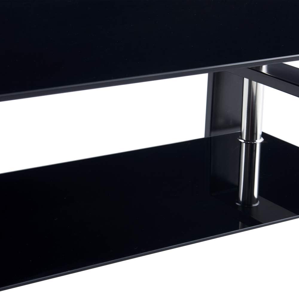 Black Glass Top Coffee Table with Black Metal Legs, Black