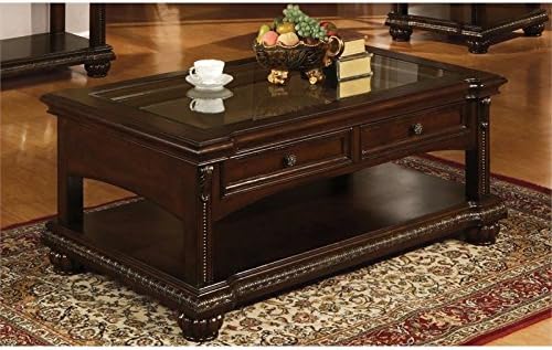 Wooden Top Glass Coffee Table, Traditional Style, Cherry