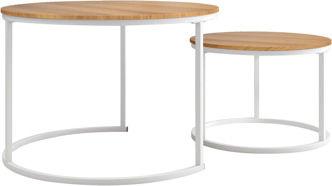 Rustic Round Nesting Coffee Tables, Stacking Side Tables - White