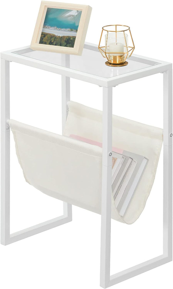 Narrow Side Table, Tempered Glass End Table, White