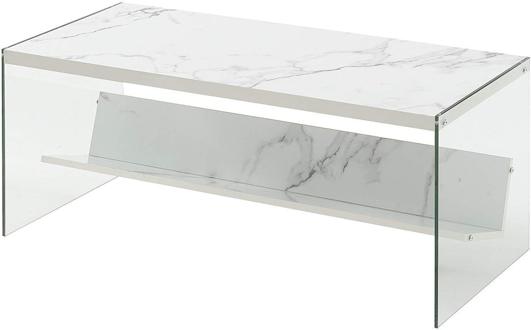 Soho Glass Coffee Table with Shelf, White Faux Marble