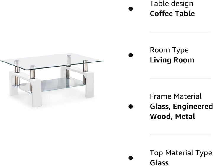 Modern White Glass Coffee Table with Lower Shelf, Metal Legs