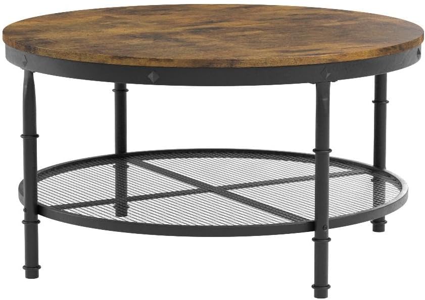 Rustic 2-Tier Round Coffee Table, Wooden Industrial Design, Rustic Brown