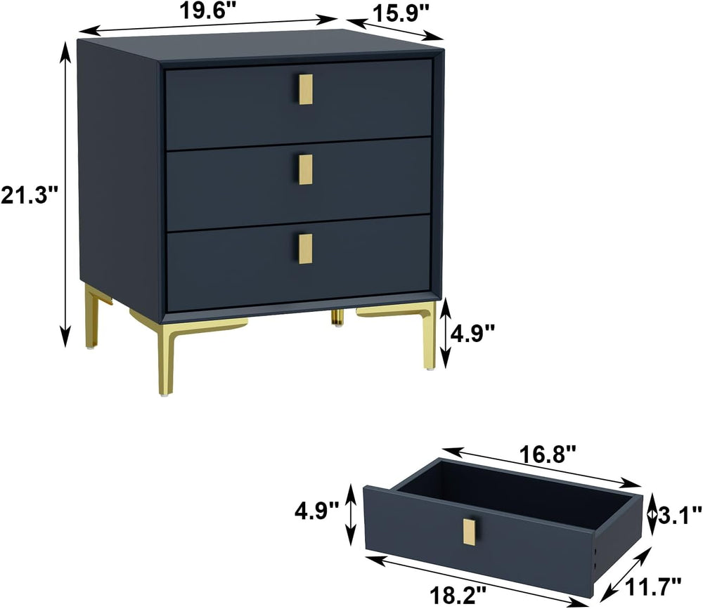 3-Drawer Nightstand, Modern Bedside Table, Navy