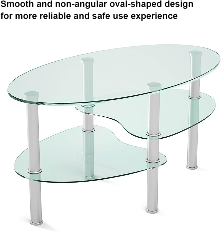 Nidouillet 3-Tier Tempered Glass Coffee Table, Oval, Gray