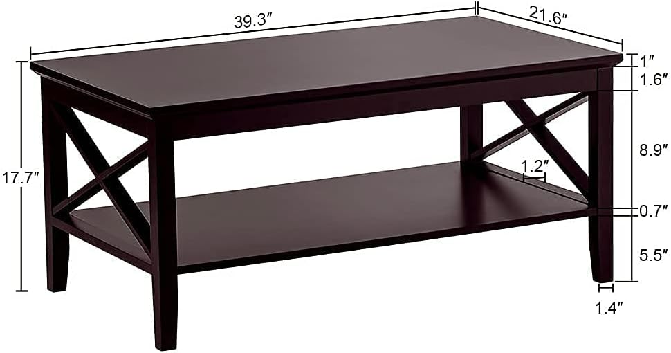 Espresso Wood Coffee Table with Storage, Thicker Legs