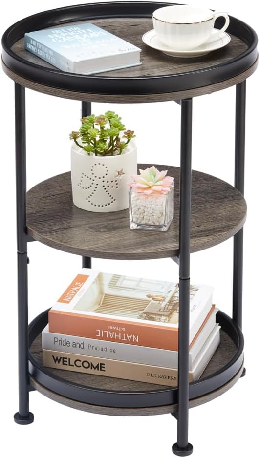 Side Table, 3 Shelves, Steel Frame, Grey