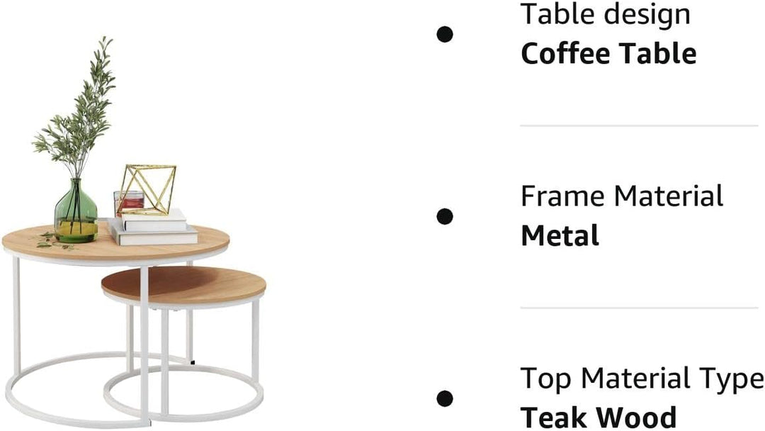 Industrial Round Coffee Table Set, Stacking Side Tables, Sturdy Accent Furniture, White and Teak