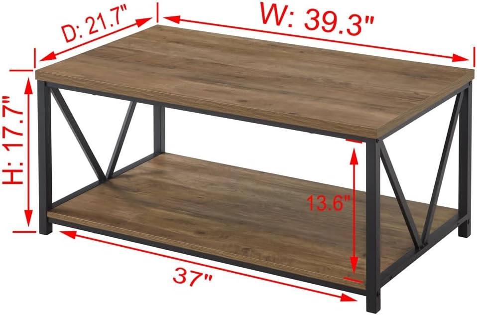 Rustic Coffee Table with Storage Shelf, Vintage Wood and Metal Cocktail Table, Oak