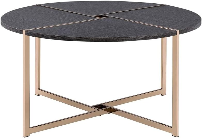 Farmhouse & Modern Circle Coffee Table, Champagne Metal & Wood