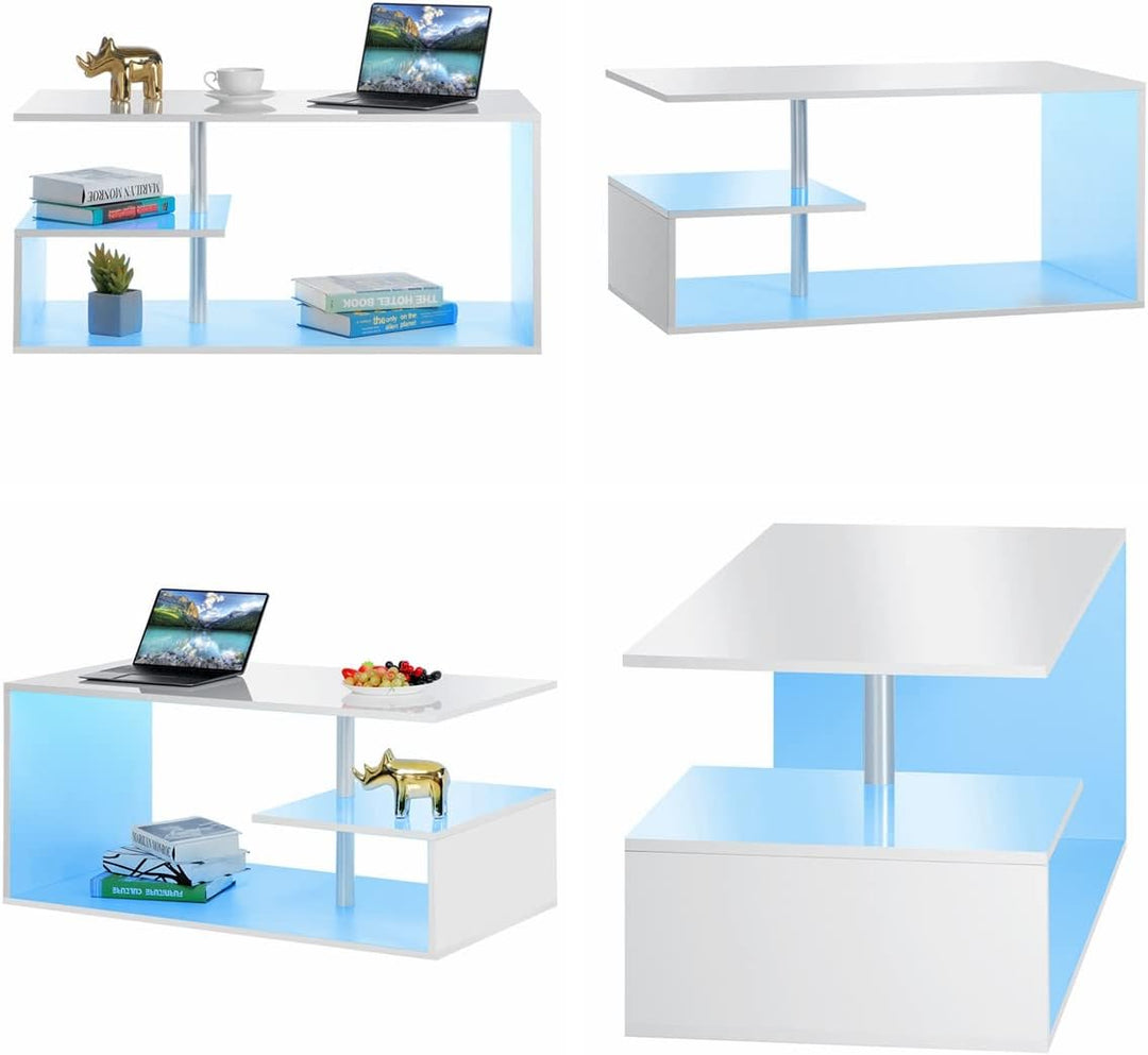 Modern White Coffee Table with S-Shaped 3 Tiers Open Storage Shelf, High Gloss Center Sofa Tea Table with LED Lights, White