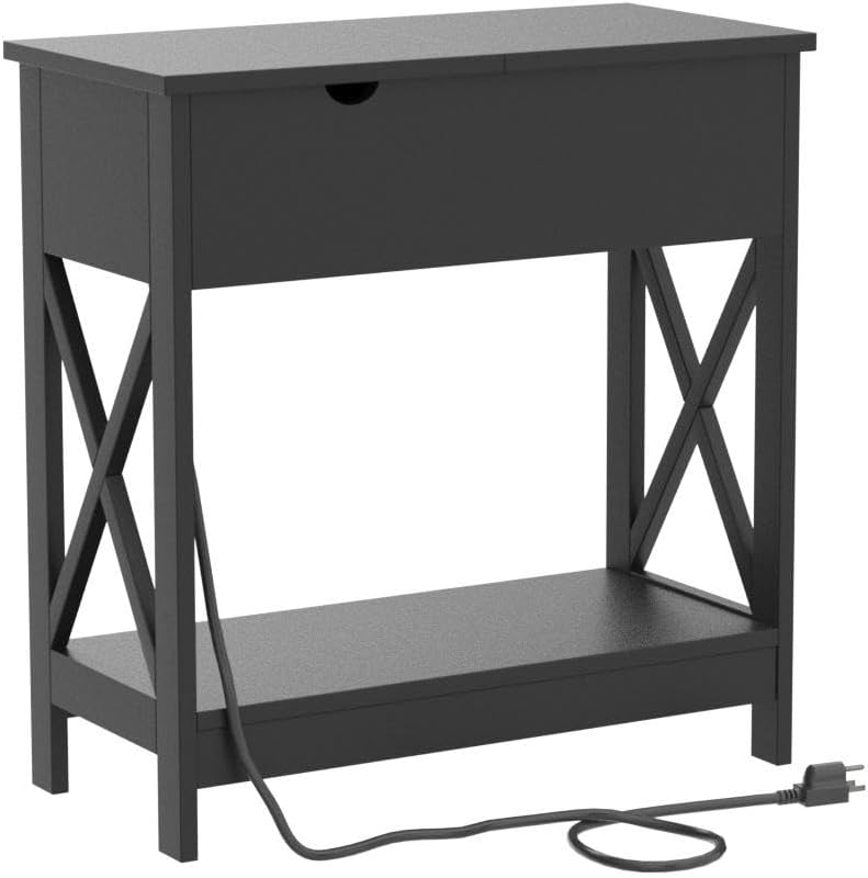 End Table with Charging Station - Narrow Flip Top Side for Small Spaces