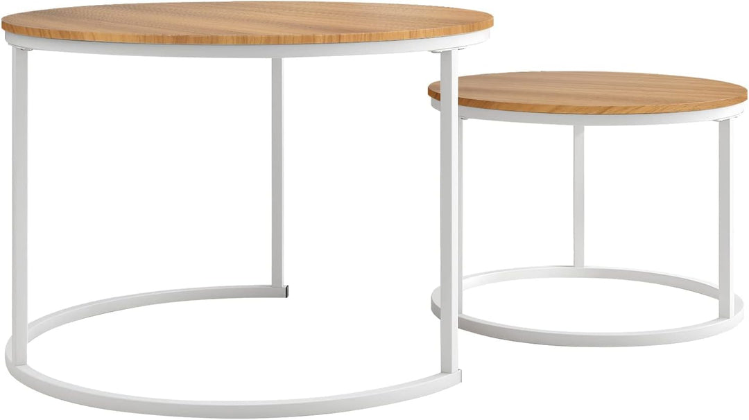 Industrial Round Coffee Table Set, Stacking Side Tables, Sturdy Accent Furniture, White and Teak