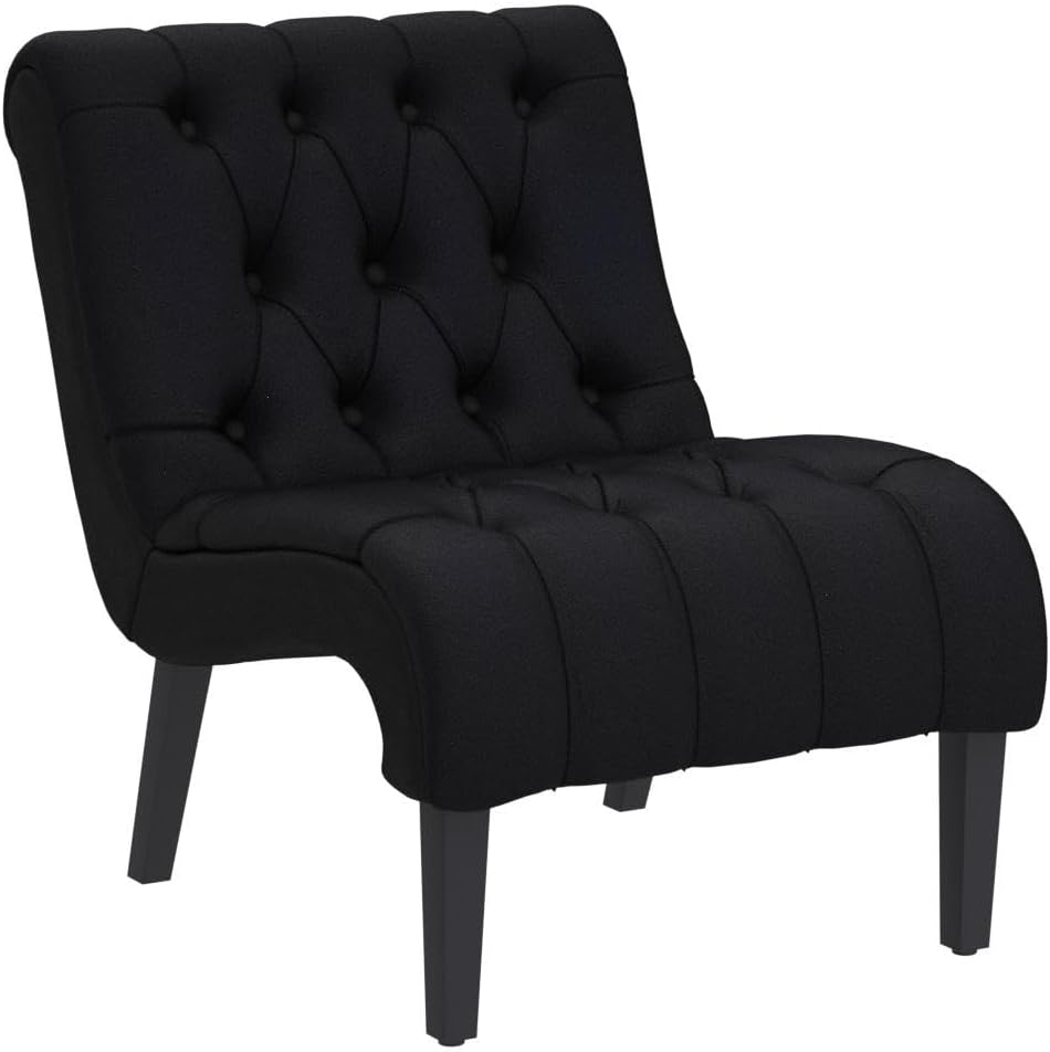 Armless Accent Chair, Upholstered Button Tufted Living Room Chairs with Wood Legs, Comfy Frosted Velvet Lounge Chair Reading Chair for Bedroom, Black