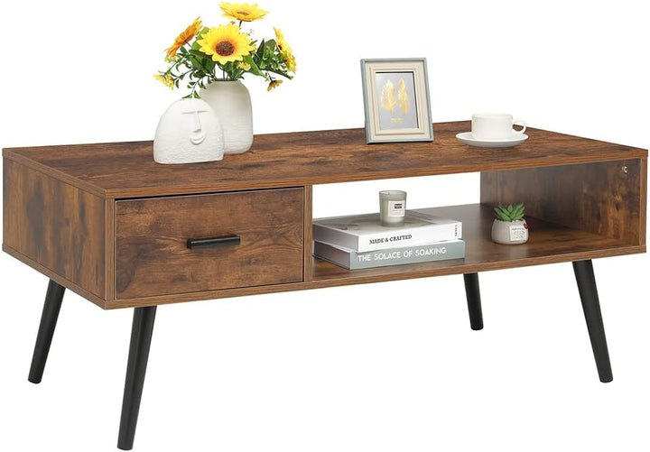 Rustic Mid-Century Coffee Table with Drawer and Shelf, Rustic Brown