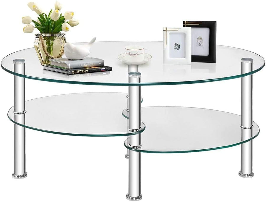 Tempered Glass Coffee Table, 3-Tier Steel Tea Table, Clear Glass