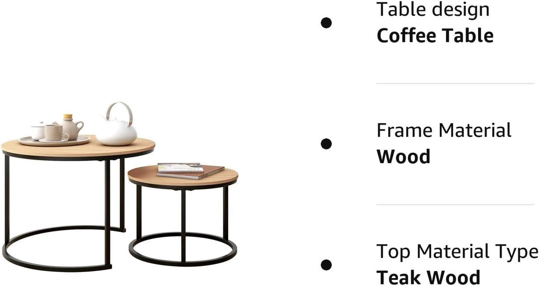 Industrial Round Coffee Table Set, Stacking Side Tables, Black and Teak