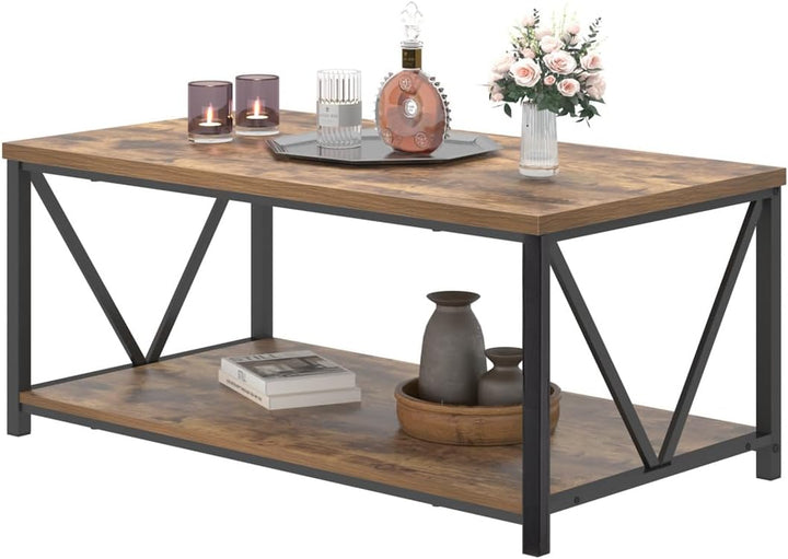 Modern Industrial Coffee Table with Storage Shelf, Rustic Brown