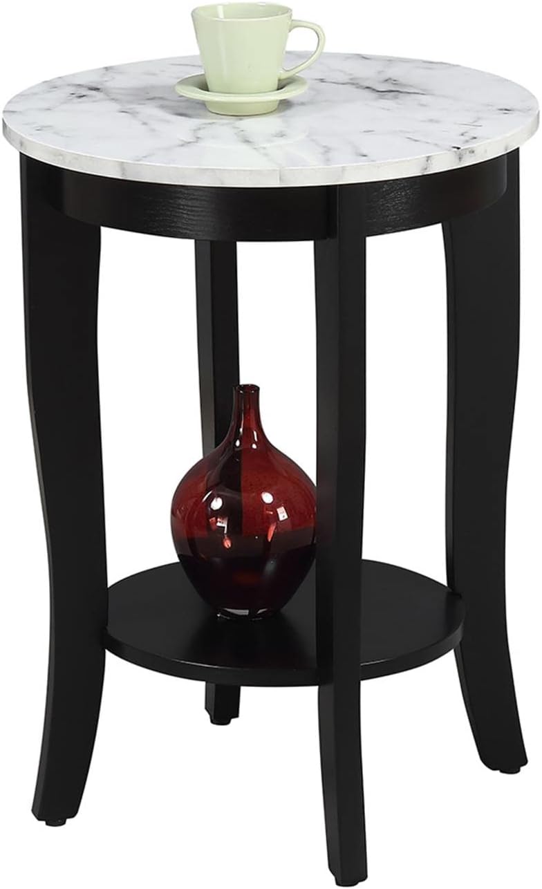 American Heritage Round End Table, White Faux Marble / Black