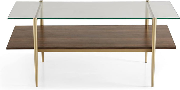 Elegant Glass Coffee Table with Walnut Wood Top, Gold Finish